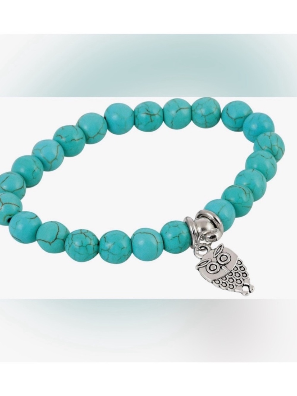 Turquoise Beaded Owl Charm Stretch Bracelet - NEW
